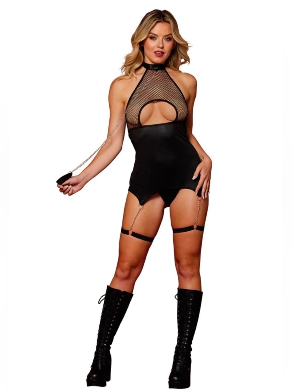 Dreamgirl Black Lingerie Set Chain Garter Leash Open Back Sexy Fishnet One Size